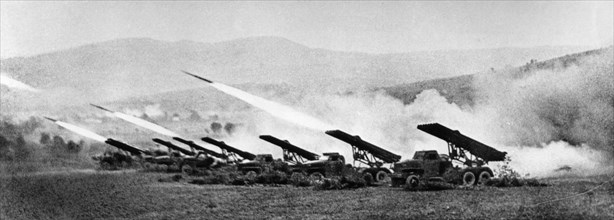 A battery of soviet katyusha rockets firing in the carpathian mountains during world war 2, 1944.