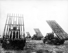 Soviet katyusha rocket launchers at firing positions during world war ll.
