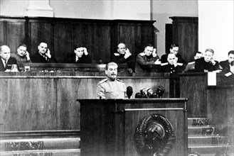 Stalin making his report at the celebration of the moscow soviet of the working people's deputies on the ocacasion of the 27th anniversary of the great october revolution, nov, 6, 1944.