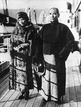 Dr, sun yat sen,  chinese revolutionary leader (1866-1925), with his second wife, soong ching-ling during a journey by ship from canton to peking in the winter of 1924.