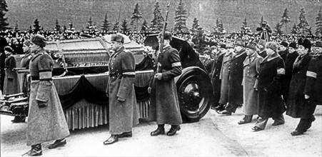 Personalities following the coffin of stalin as it is borne on a gun caisson through red square, moscow, march 9, 1953, right to left: premier zhou en-lai, premier g, m, malenkov, marshal k, voroshilo...