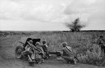 World war 2, august 1943, the kharkov direction, a gun in action, ukraine.