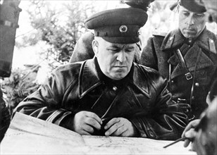 Commander of the soviet troops of the first belorussian front, marshal georgi zhukov, at his field command post, 1943 or 1944.
