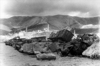 The novorossisk port demolished by the german fascist barbarians, krasnodar region, northern caucasus, 1943.
