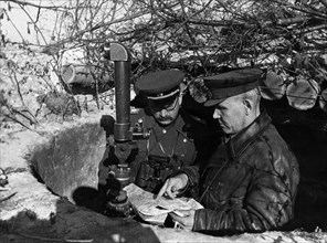 World war 2, marshal of the soviet union, ivan konev (konyev), commander of the troops of the first ukrainian front, and marshal rotmistrov of the tank force at the observation post.