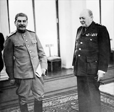 Stalin and churchill in the conference room of the livadia palace during the yalta conference, crimea, feb, 1945.