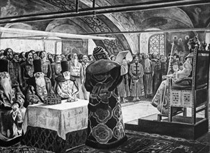 A meeting of the zemstvo council (zemsky sobor) in 1649 during the reign of tsar alexis (aleksei mikhailovich romanov).