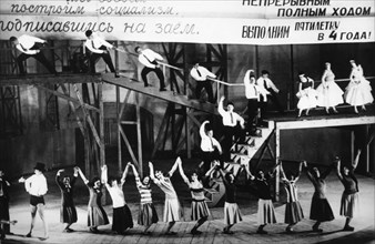 The bath house' by vladimir mayakovsky, a scene from act 6, produced by v, meyerhold at the meyerhold state theatre, moscow, ussr, 1930.