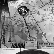 A facsimile of the sputnik 1 satellite on exhibit in moscow, november 1959.