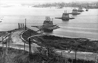 World war 2, kiev, a bridge over the dnieper river demolished by germans, november 1943.