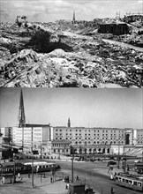 Muranow, the site of the warsaw ghetto, at the end of world war ll (above) and in the late 1950s after it was rebuilt (below), poland.