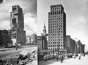 The warsaw hotel at the end of world war ll in 1945 (left) and in the late 1950's after it was rebuilt (right), warsaw, poland.