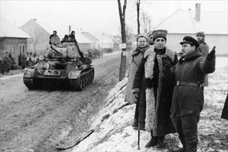 World war 2, major general fedor savelyev watching his tanks set off on a combat assignment, western front or 2nd ukrainian front, 1943.