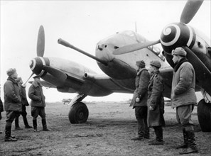 The latest type of 'messerschmitt' captured by soviet troops on an enemy airdrome, the gun is of the 50mm type, world war ll.