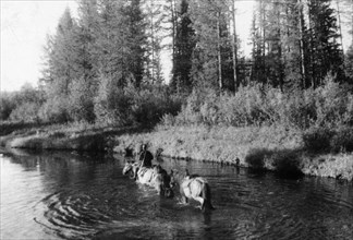 Professor leonid kulik who, in 1938, led a scientific expedition into the siberian taiga to investigate the site of the tunguska meteorite, here, he's seen crossing the khushmo river on horse back 7km...