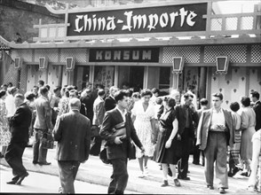 East germany leipzig fair 1954, the shop where chinese imports are sold.