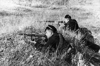 The defence of sevastopol, crimea, red navy automatic rifle men firing the enemy, in march 1942.