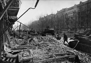 Soviet armored division re-grouping on a street cleared of germans, berlin, germany, 1945.
