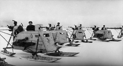 Red army airsleighs just prior to setting off on a mission west of novgorod, february 1944.