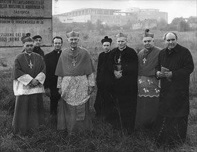 Cardinal karol wojtyla (later pope john paul 2) archbishop of cracow, poland (third from right), cardinal j,j, krol, archbishop of philadelphia, fourth from left, at construction site of children's ho...