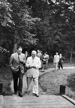 Bulganin's picnic party for foreign diplomats and journalists visiting moscow, us ambassador charles bohlen having a friendly chat with the chairman of the council of ministers of the ussr, n,a, bulga...