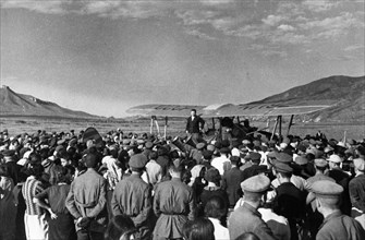 Preparations for the elections to the supreme soviet of the azerbaijan ssr, a meeting in stepanakert in the nagorno-karabakh autonomous region upon the arrival of a propaganda airplane, june 1938, the...