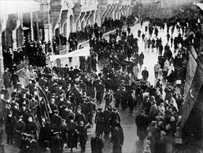 A demonstration demanding the release of political prisoners on tverskaya street in moscow during the 1905 revolt.