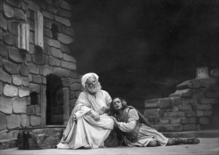 A scene from the 3rd act of 'bar-kokhba' by galkin at the moscow state jewish theater with zuskin as rabbiakiba and shekhter as bar-kokhba, february 1939.