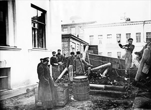 Men at the first barricades on the campus of moscow university during the 1905 revolt in russia.