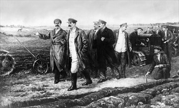 A painting by k, finogenov of j,v, stalin, g,k, ordjonikidze, m,i, kalinin, l,m, kaganovich, and a,a, zhdanov on the experimental field of the auto-tractor institute, 1935.