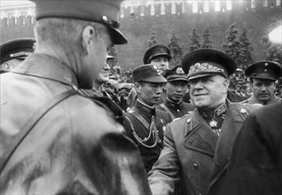 Marshal georgy zhukov greeting foreign military attaches during the time of the victory parade in moscow, may 1945.