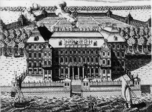 Palace of a, menshikov on vassily island: one of the first buildings built in st, petersburg (1711-1716), engraving by a, zubov (1717), russia.