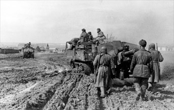 Soviet artillery on the march at the third ukrainian front in april 1944.