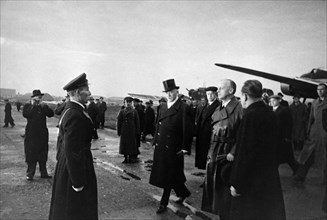 Treaty of non-aggression between germany and the union of soviet socialist republics, german minister for foreign affairs, joachim von ribbentrop (right), arrives at the central airport in moscow on s...