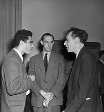 Lev landau, scientist, participants at scientific conference on high energy particles, left to right: prof, jack steinberger, columbia university (usa); prof, l, riddiford (uk); lev landau of ussr, mo...