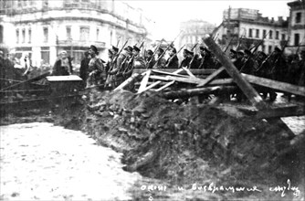 White guard student company marching along barricades in arbat square in moscow, october - november, 1917.