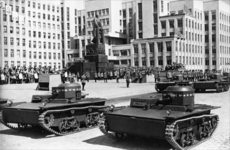 Soviet t-38 amphibious tanks during a military parade in minsk on may 1, 1939.