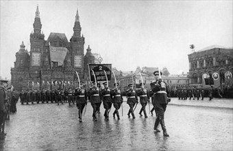 Officers of the second byelorussian front marching in the victory parade in red square on june 24, 1945.