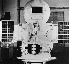 Soviet space probe venera 9 encased in a spherical heat shield in the assembly shop,1975.