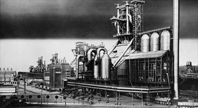 Detail of an aluminum model of the magnitogorsk steel works at the ussr pavillion of the 1939 world's fair in new york.