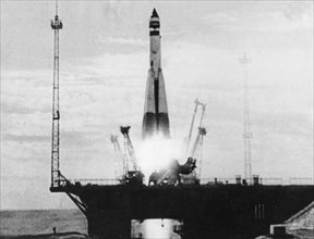 The launch of soviet space probe luna 1, the first spacecraft to escape earth's orbit, january 1-2, 1959.
