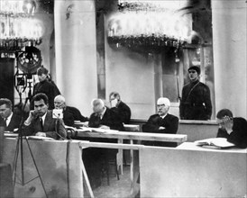 Defendants listening to evidence at the purge trials of the early 1930s, ussr.