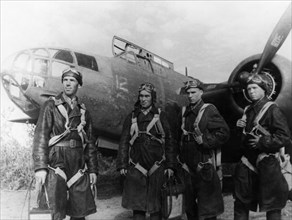 Soviet  airforce night bomber crew with american-made douglas havoc (boston) bomber, world war 2, american aid, lend lease program.
