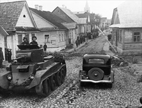 Red army tank drivers on a street in the city of rakov, poland, september 1939: soviet invasion of eastern poland, soviet troops were ordered to cross the frontier and 'take over the protection of lif...
