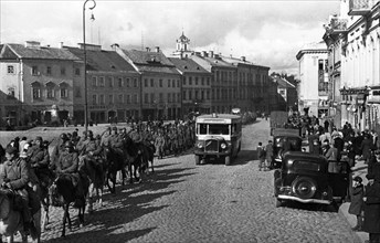 Units of the red army on the streets of vilno (vilna), vilno, capital of lithuania,  was annexed by poland between 1920-1939, occupied by soviet army in september 1939, annexed with the rest of the li...
