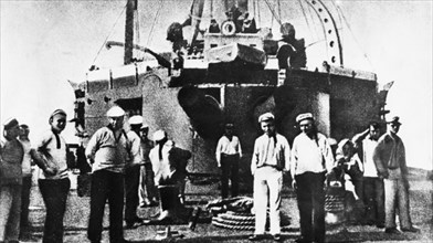 Rebel seamen on the deck of the battleship potemkin on which a revolutionary uprising took place june 14 - 24, 1905.