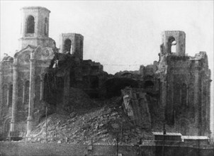 Ruins of cathedral of christ the savior, blown up by order of stalin in 1933, moscow, ussr.