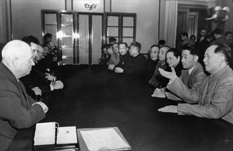 Nikita khrushchev meeting with mao zedong during the chinese people's republic delegation's visit to moscow in 1957.