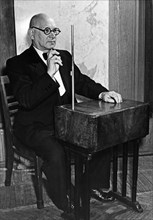 The orchestra of electric musical instruments, konstantin kovalski playing the termenvox (theremin) invented by lev termen (leon theremin), moscow, ussr, december 1957.