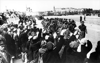 Residents of odessa welcome soviet troops after the city's liberation from nazi during the world war ll.